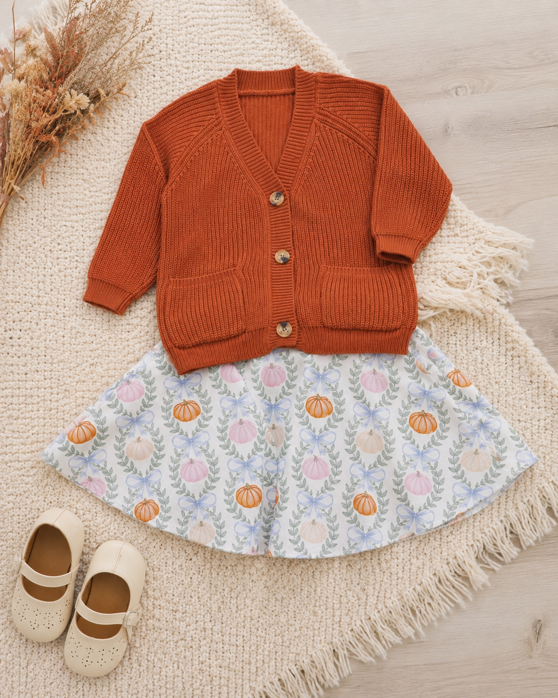 Cardigan + Pumpkin Skirt