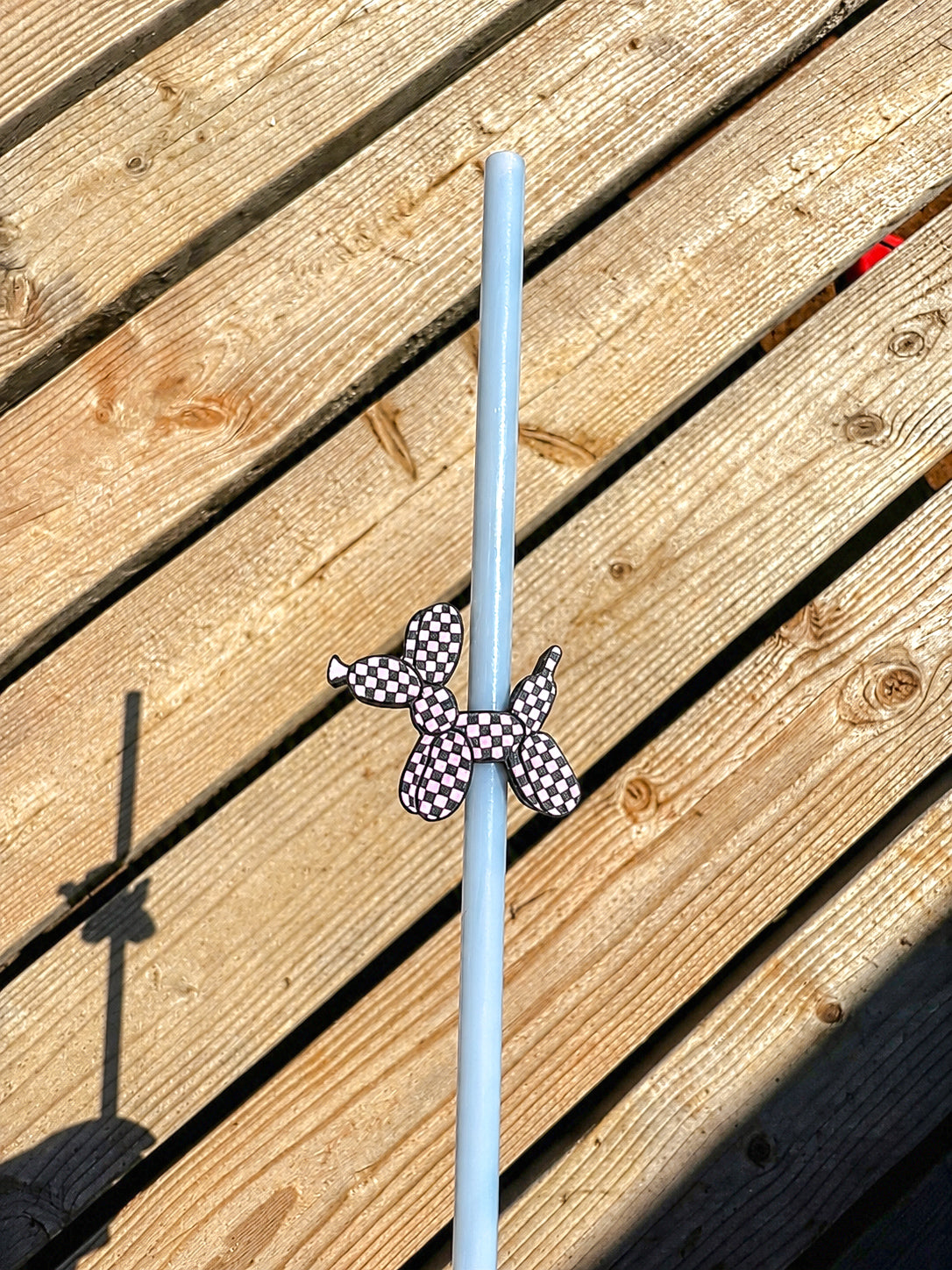 Pink Checkered Balloon Dog Straw Topper