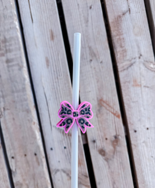 Pink Leopard Bow Straw Topper