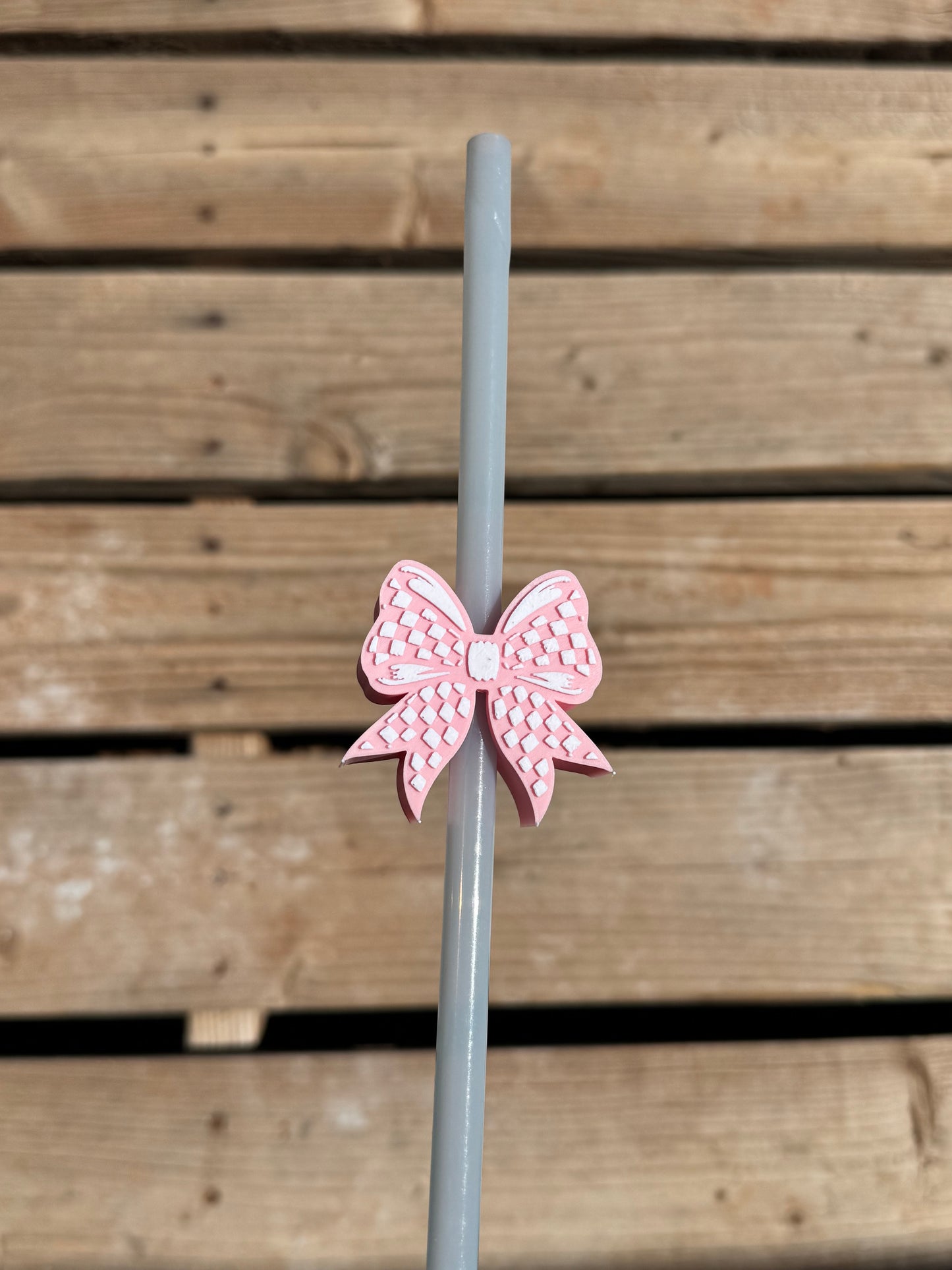 Pink Checkered Bow Straw Topper