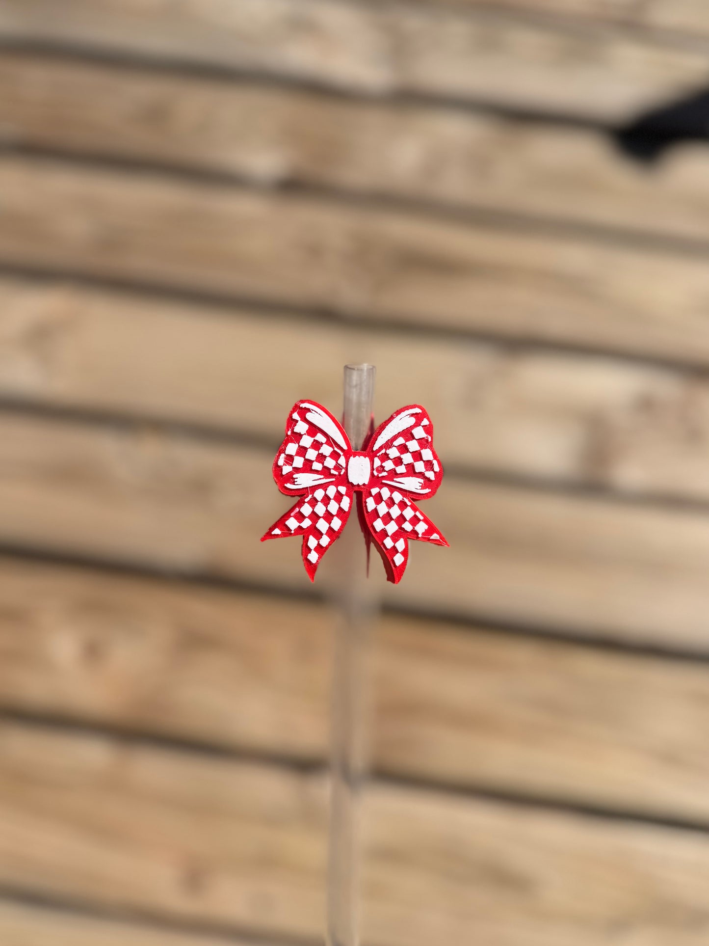 Red & White Check Bow Straw Topper