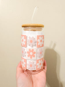 Floral Checkered Glass Bamboo Cup